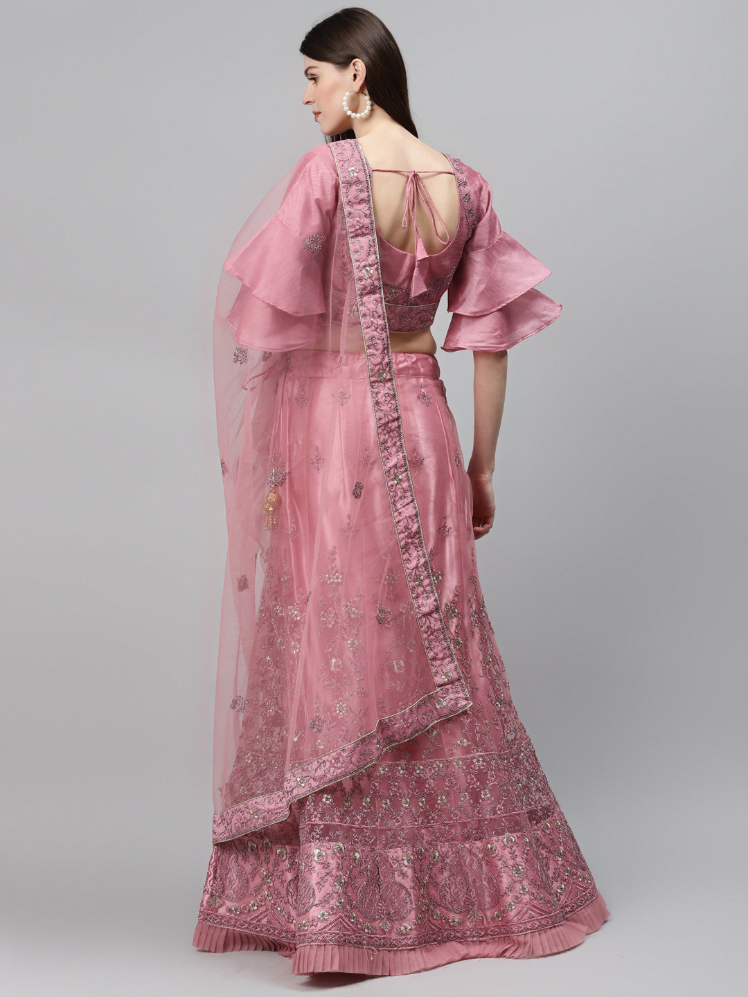 Net Semi-stitched Lehenga Set with Floral Metallic & Resham Embroidery & Frill Hemline