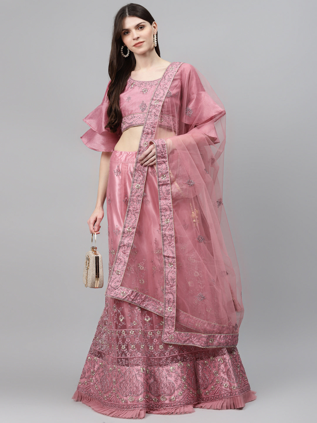 Net Semi-stitched Lehenga Set with Floral Metallic & Resham Embroidery & Frill Hemline