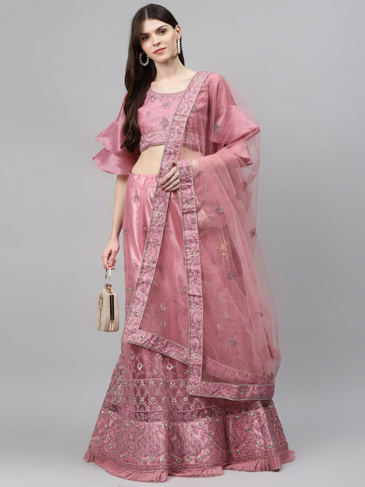 Net Semi-stitched Lehenga Set with Floral Metallic & Resham Embroidery & Frill Hemline