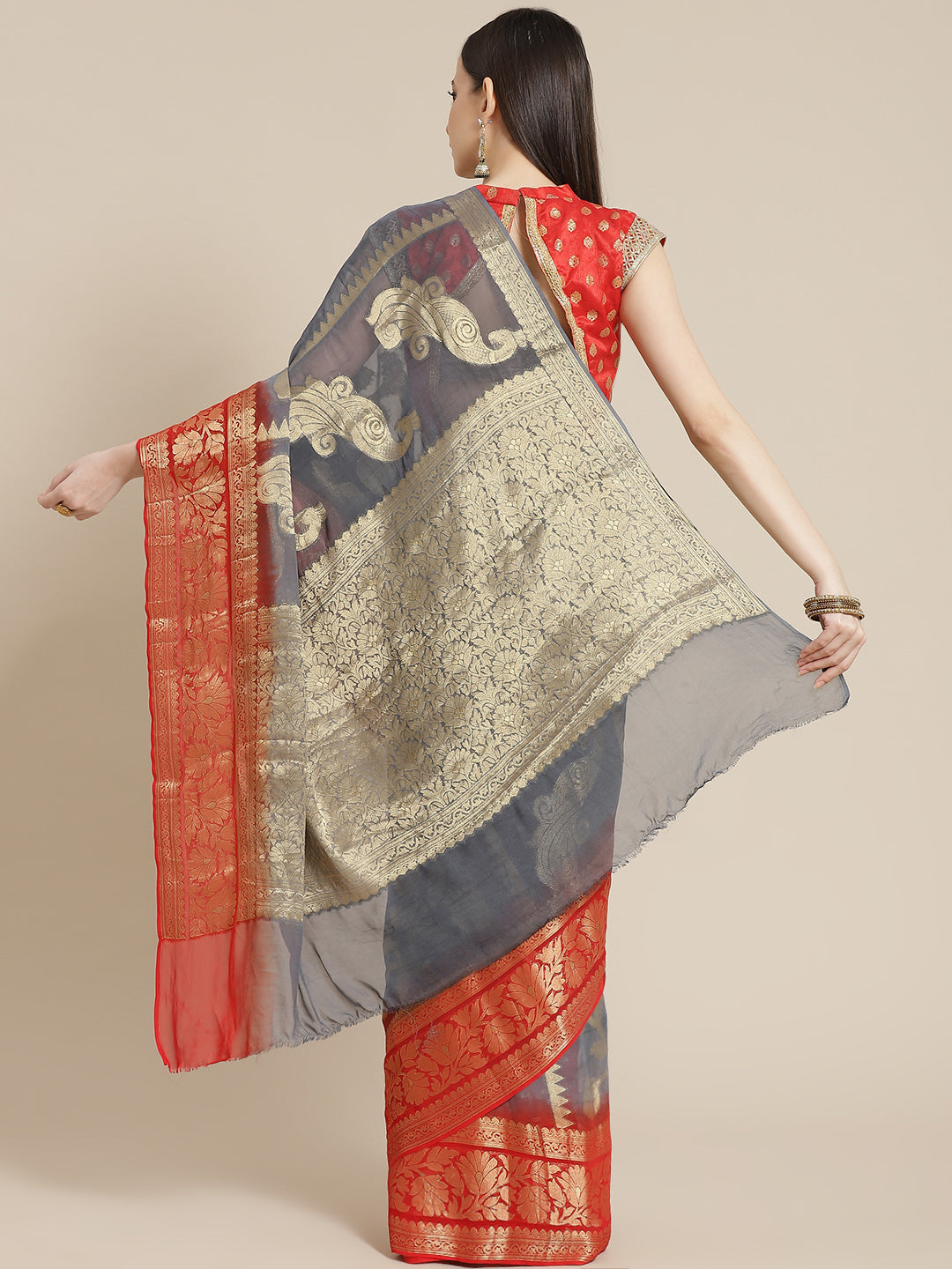 Grey Red Ombre Mysore Georgette H&woven Saree with Peacock Motifs