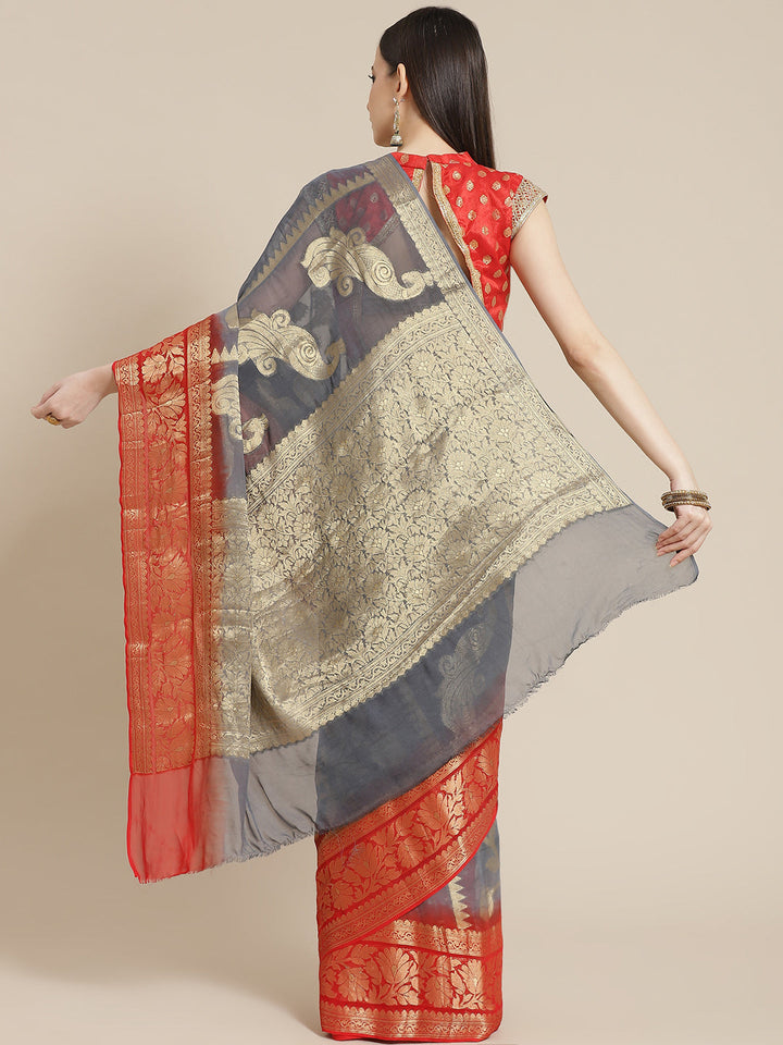 Grey Red Ombre Mysore Georgette H&woven Saree with Peacock Motifs