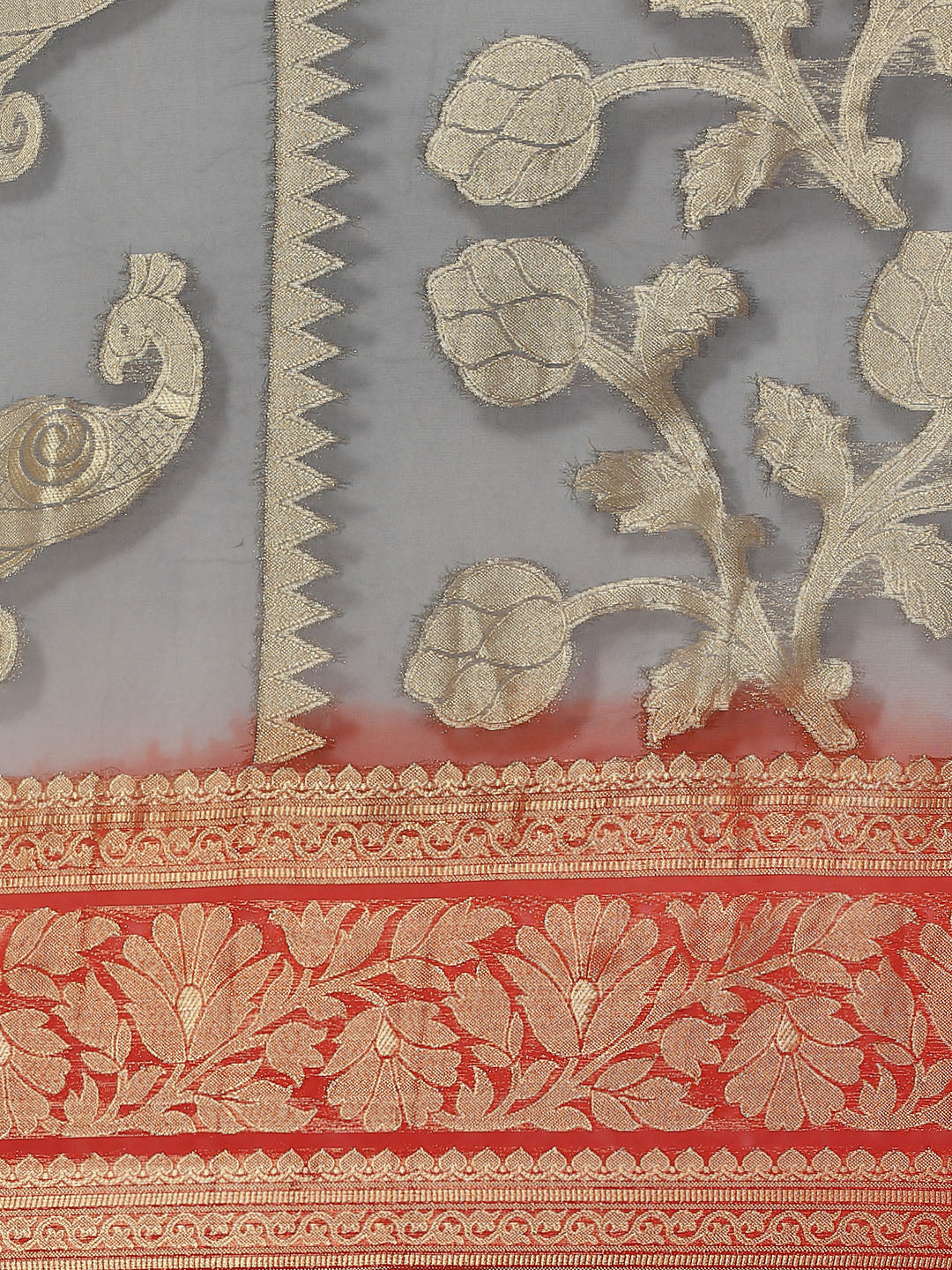 Grey Red Ombre Mysore Georgette H&woven Saree with Peacock Motifs