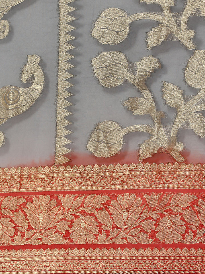Grey Red Ombre Mysore Georgette H&woven Saree with Peacock Motifs
