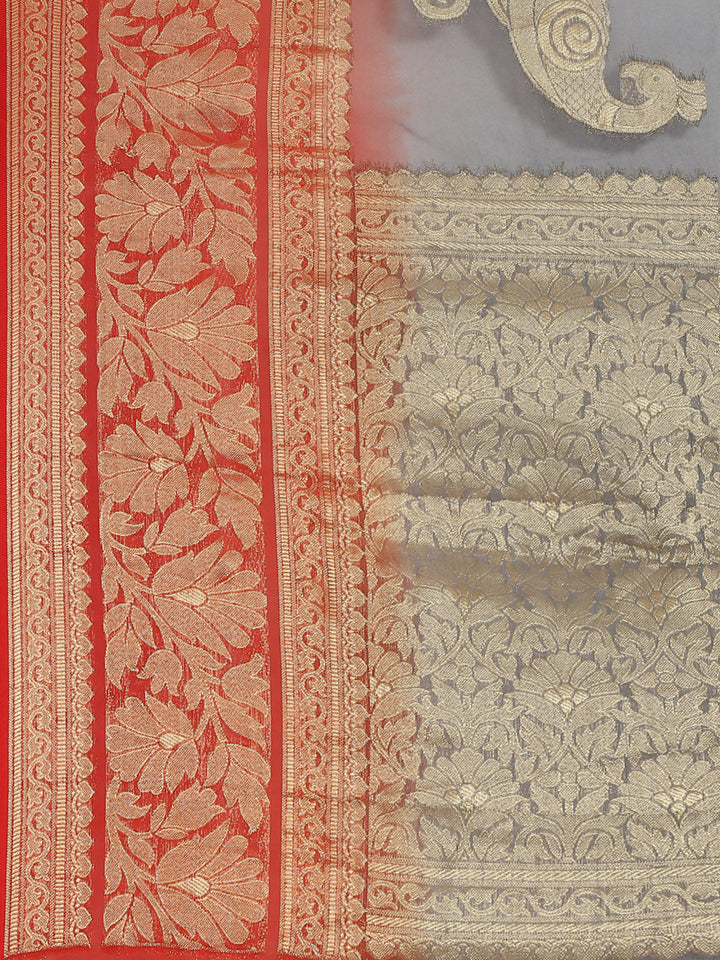 Grey Red Ombre Mysore Georgette H&woven Saree with Peacock Motifs