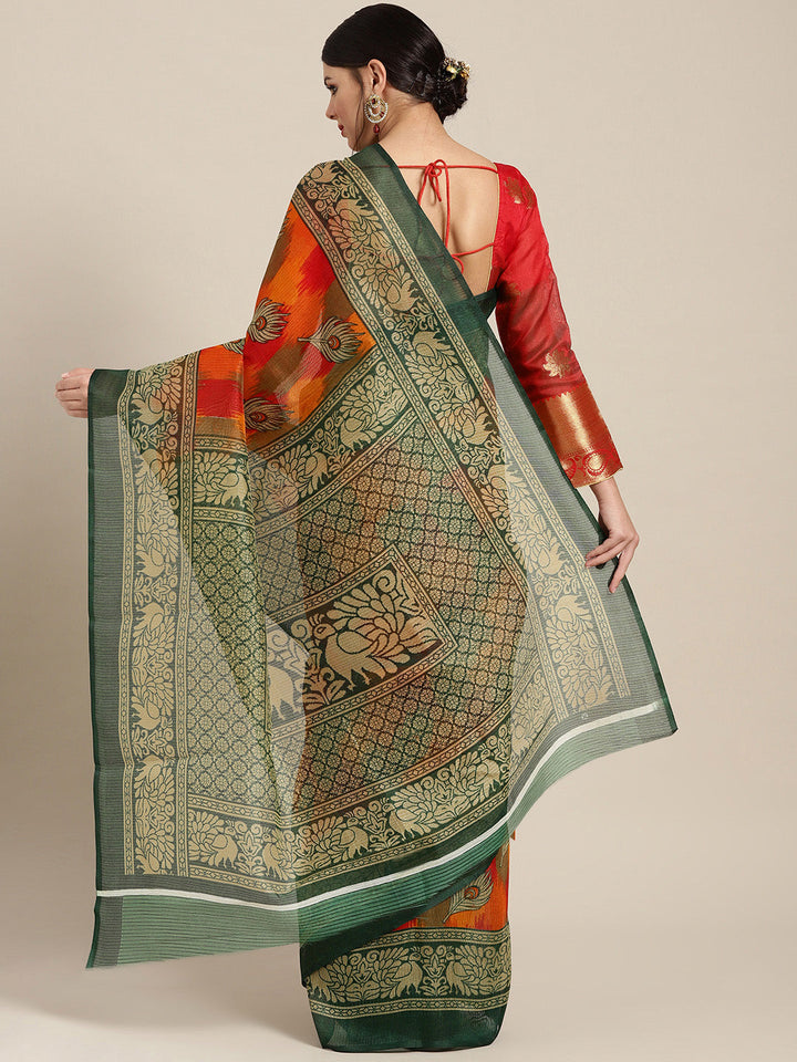 Chanderi Silk Printed Saree with Patola Animal and Floral Motifs