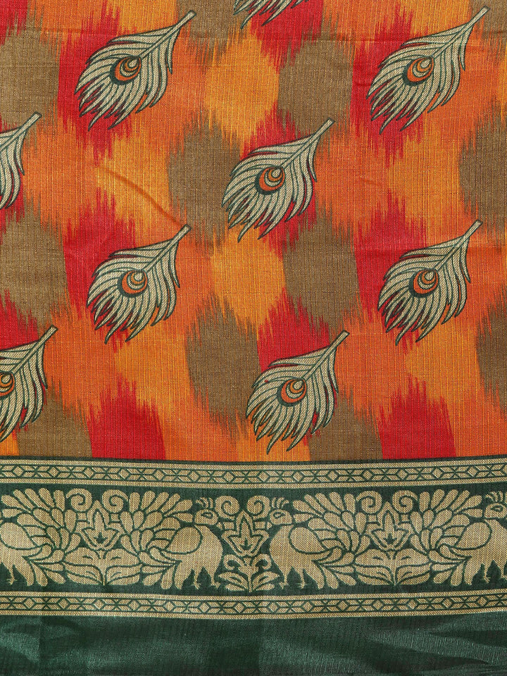 Chanderi Silk Printed Saree with Patola Animal and Floral Motifs