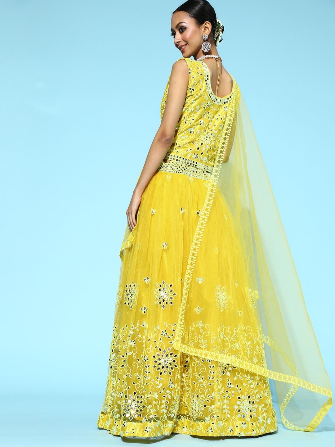 Lemon Yellow Flared Lehanga Set with Mirror and Resham Embroidery