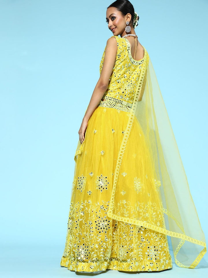 Lemon Yellow Flared Lehanga Set with Mirror and Resham Embroidery