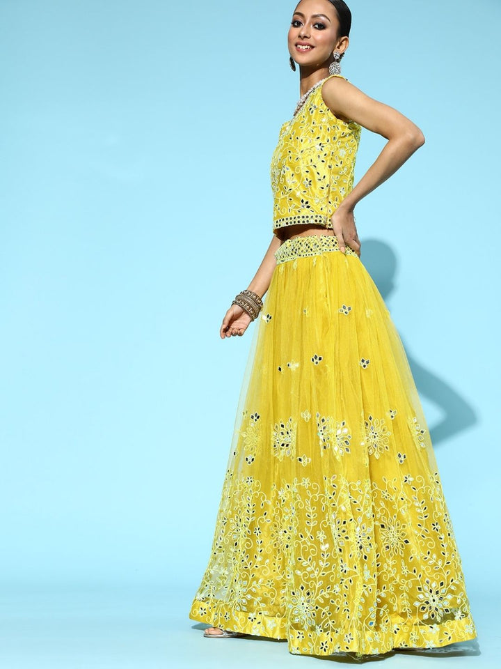 Lemon Yellow Flared Lehanga Set with Mirror and Resham Embroidery