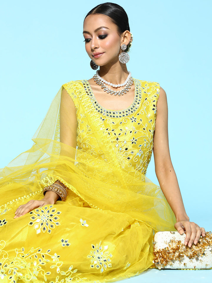 Lemon Yellow Flared Lehanga Set with Mirror and Resham Embroidery