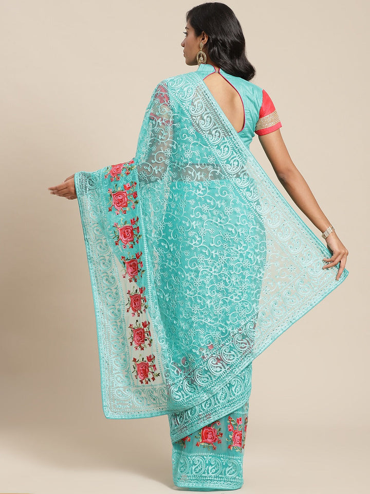 Net Resham Embroidered Saree with multicolor flowers and crystal Embellishments