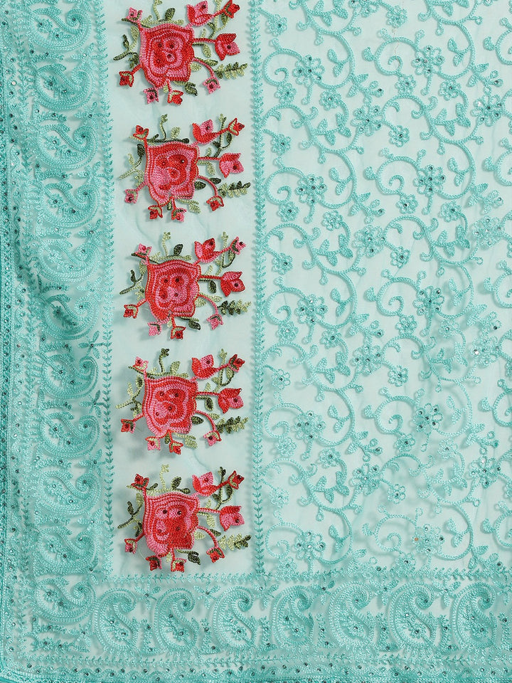 Net Resham Embroidered Saree with multicolor flowers and crystal Embellishments