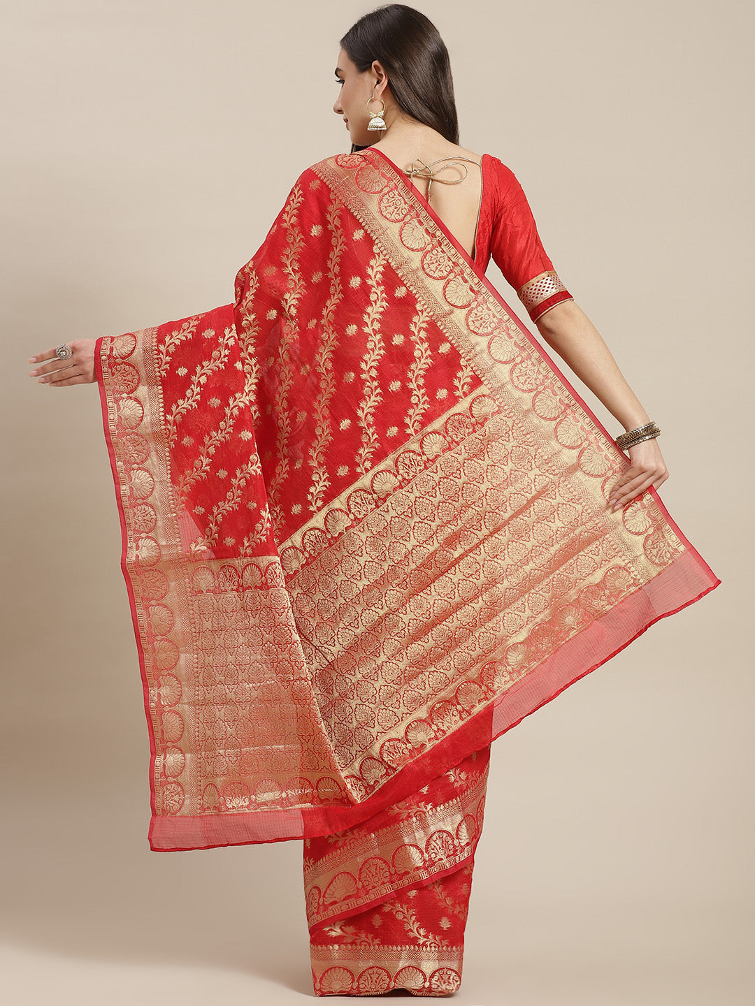 Red Jamdani Chanderi Saree with Leheriya patterned Embellished Belt
