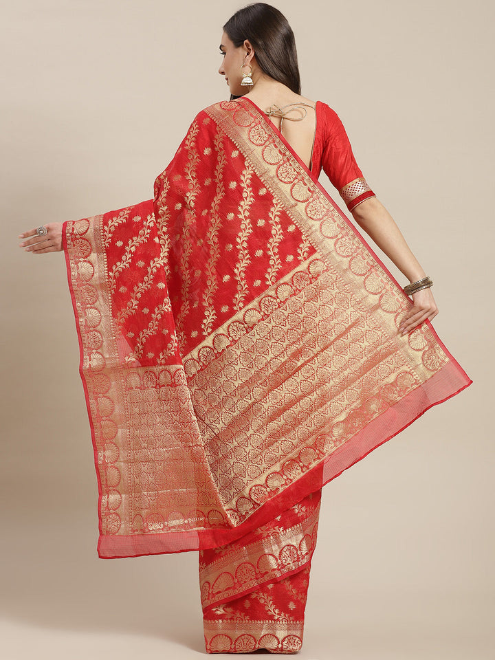 Red Jamdani Chanderi Saree with Leheriya patterned Embellished Belt