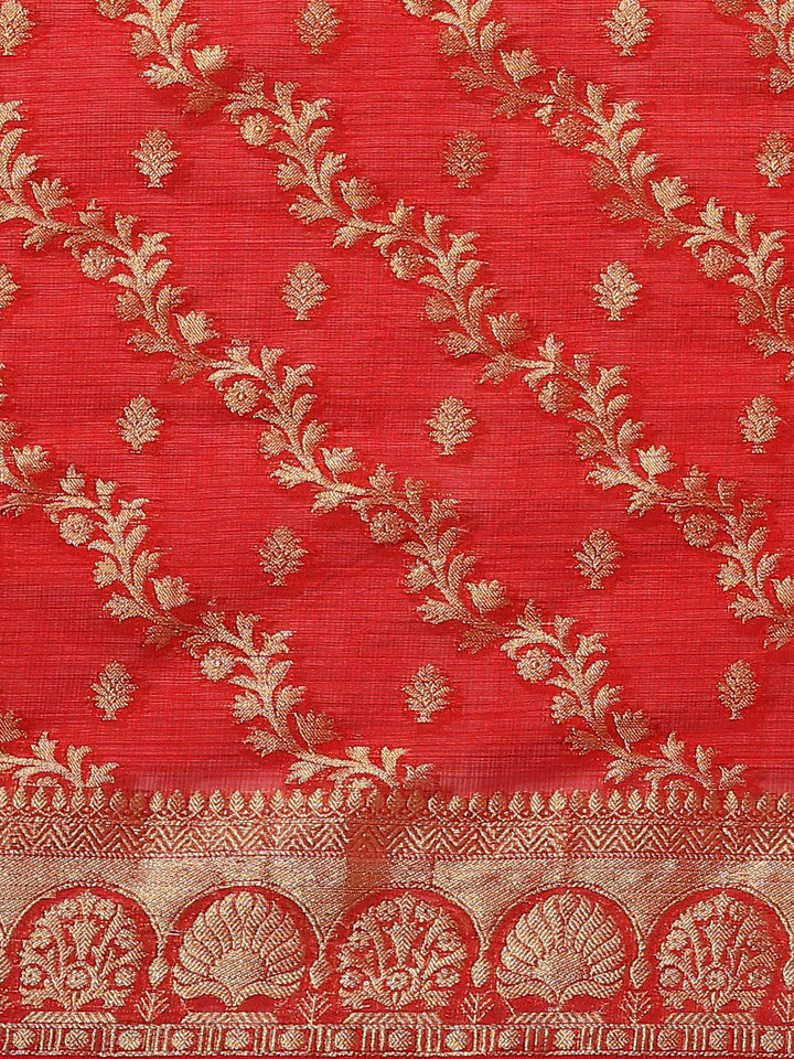 Red Jamdani Chanderi Saree with Leheriya patterned Embellished Belt