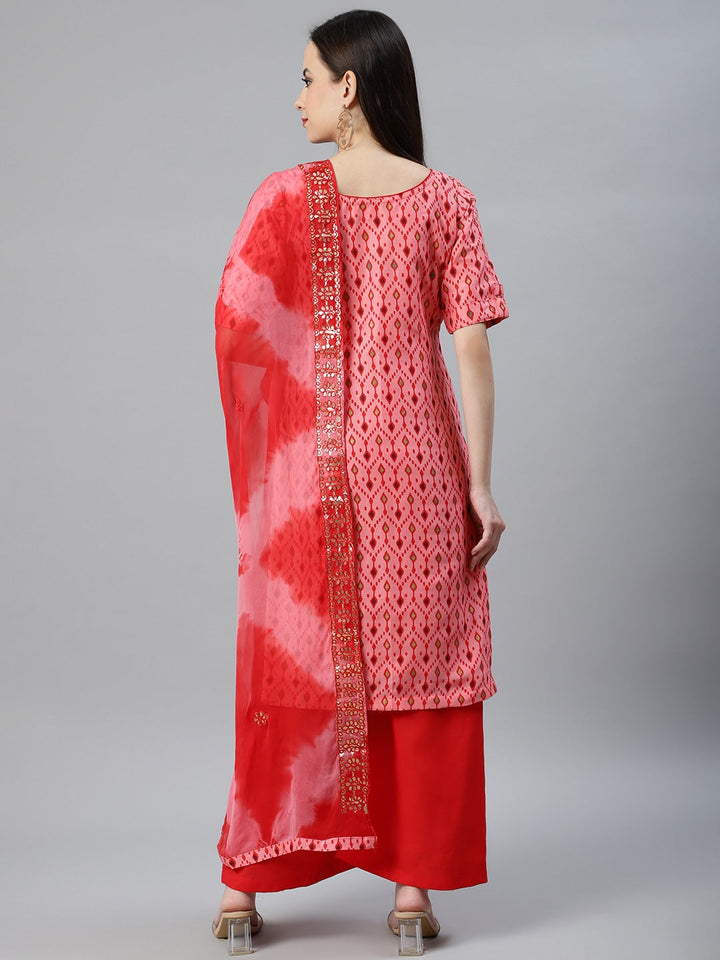 Ikat Inspired Cotton Unstitched Suit with Chiffon Gotta Patti Embroidered Dupatta