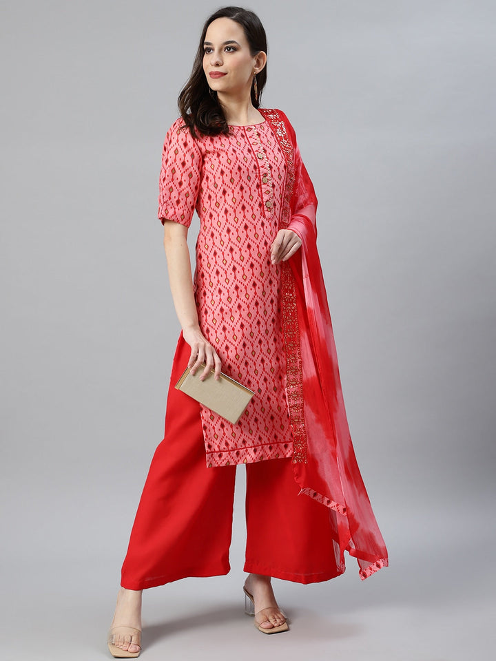 Ikat Inspired Cotton Unstitched Suit with Chiffon Gotta Patti Embroidered Dupatta