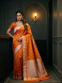 Rust Orange Banarasi Silk Saree with Silver Zari Woven Border and Blouse Piece