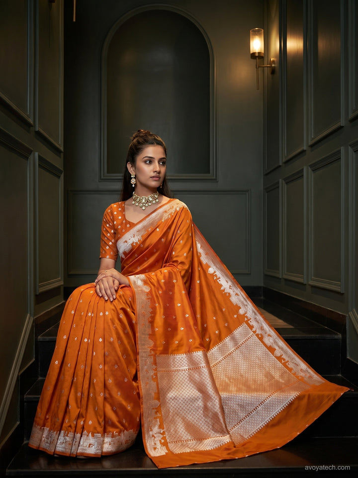 Rust Orange Banarasi Silk Saree with Silver Zari Woven Border and Blouse Piece