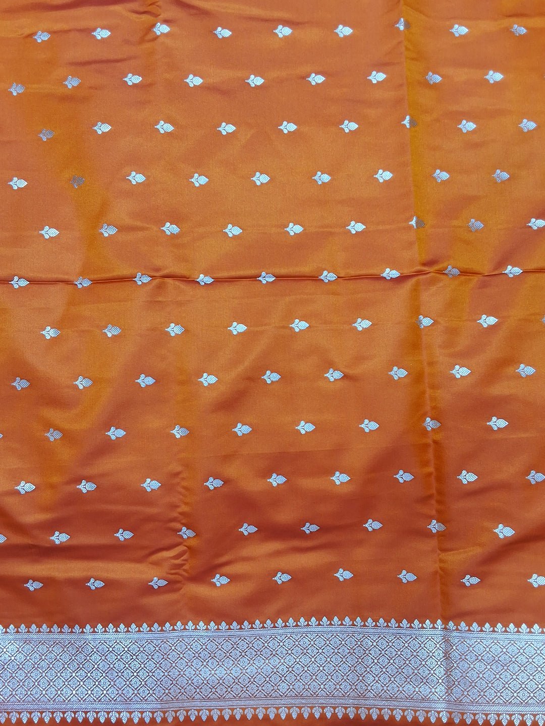 Rust Orange Banarasi Silk Saree with Silver Zari Woven Border and Blouse Piece