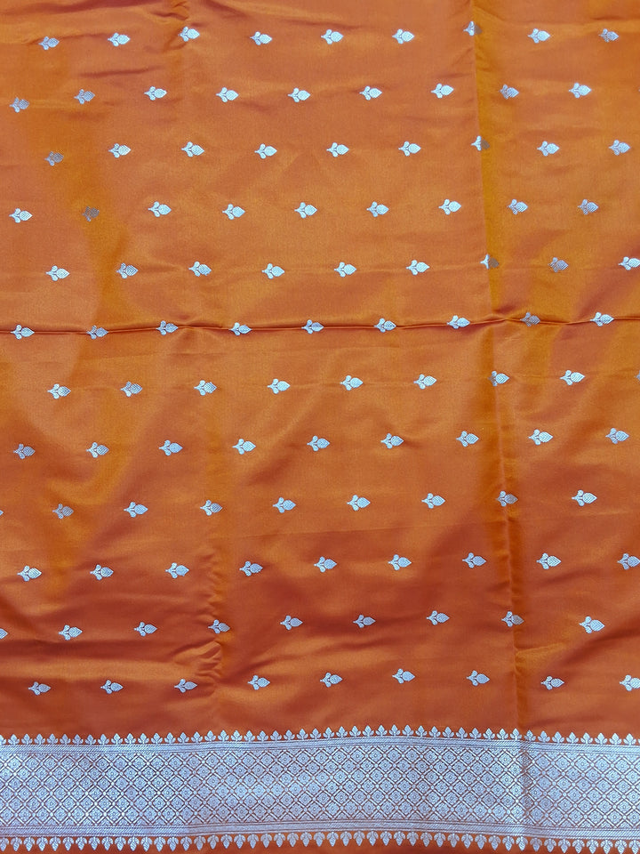 Rust Orange Banarasi Silk Saree with Silver Zari Woven Border and Blouse Piece