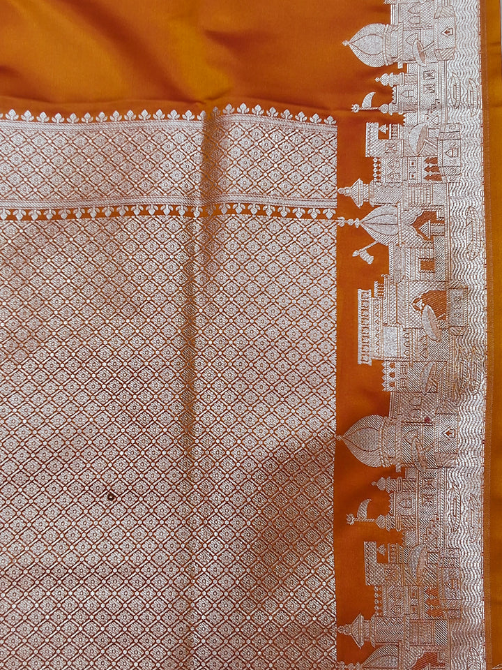 Rust Orange Banarasi Silk Saree with Silver Zari Woven Border and Blouse Piece