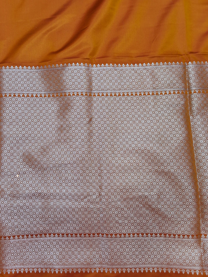 Rust Orange Banarasi Silk Saree with Silver Zari Woven Border and Blouse Piece