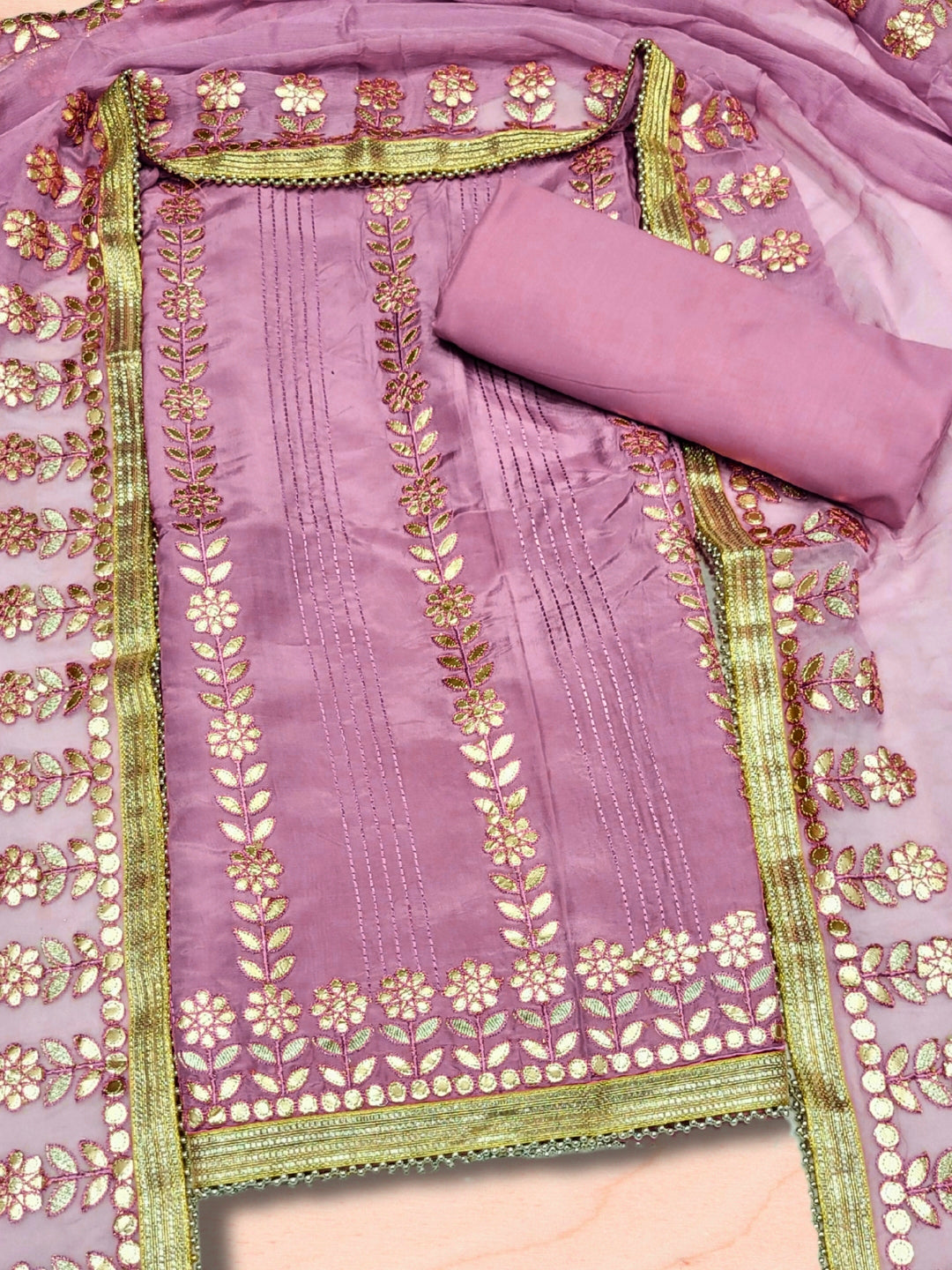 Gota Patti & Resham Embroidered Punjabi Suit Dupatta with Striped Floral Pattern