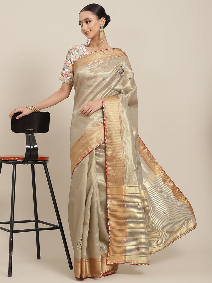 Grey Crystal Chanderi Silk Saree with Zari & Cutdana Embroidery