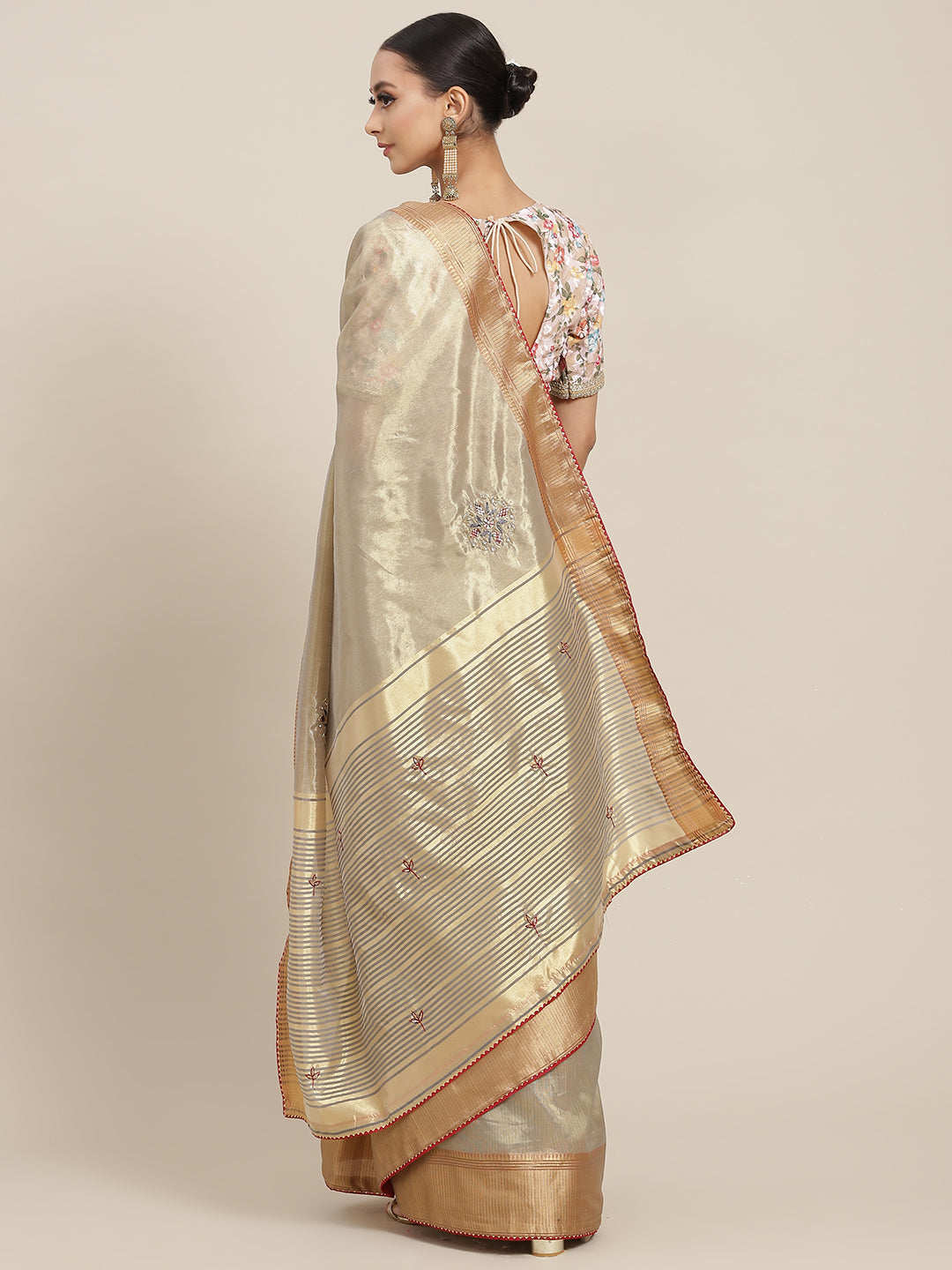 Grey Crystal Chanderi Silk Saree with Zari & Cutdana Embroidery