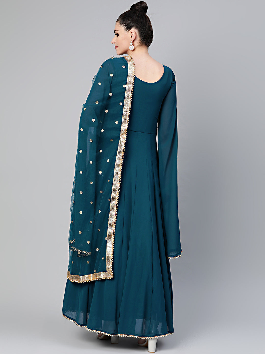 Cocktail Gown with Batwing Sleeves and Embroidered Dupatta