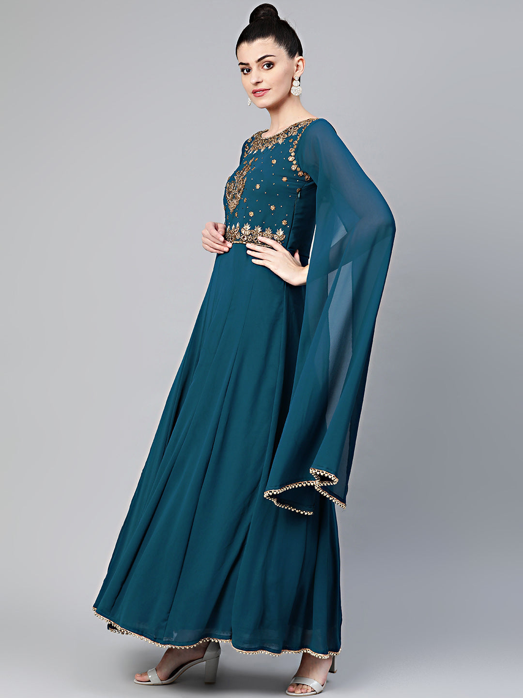 Cocktail Gown with Batwing Sleeves and Embroidered Dupatta
