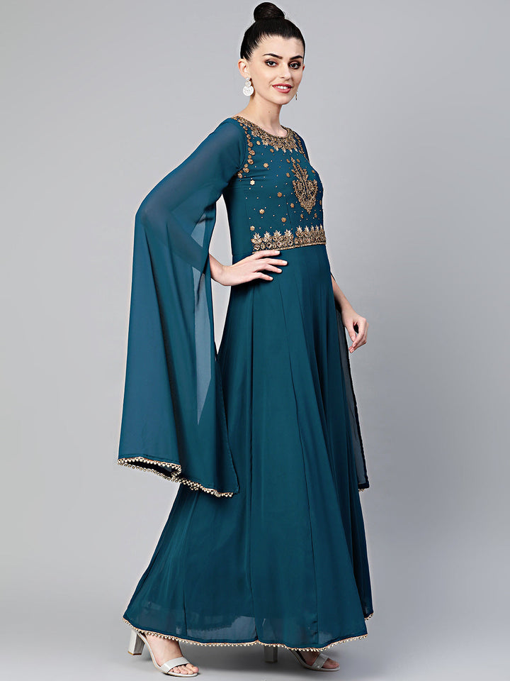 Cocktail Gown with Batwing Sleeves and Embroidered Dupatta