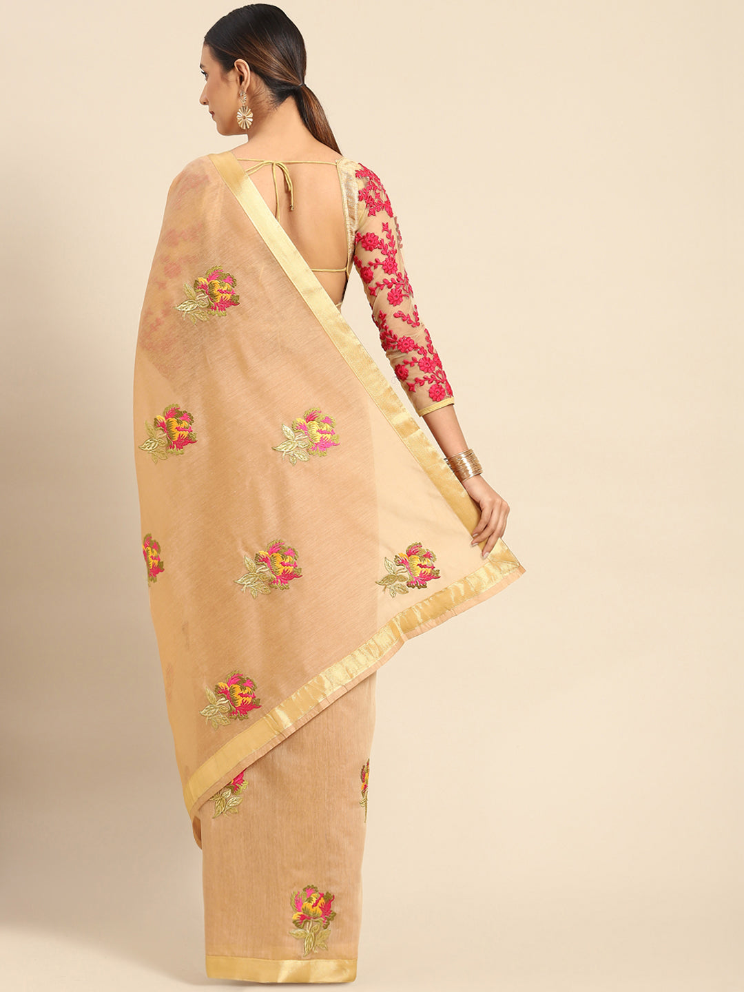 Beige Floral Resham Thread Embroidery Cotton Tussar Saree
