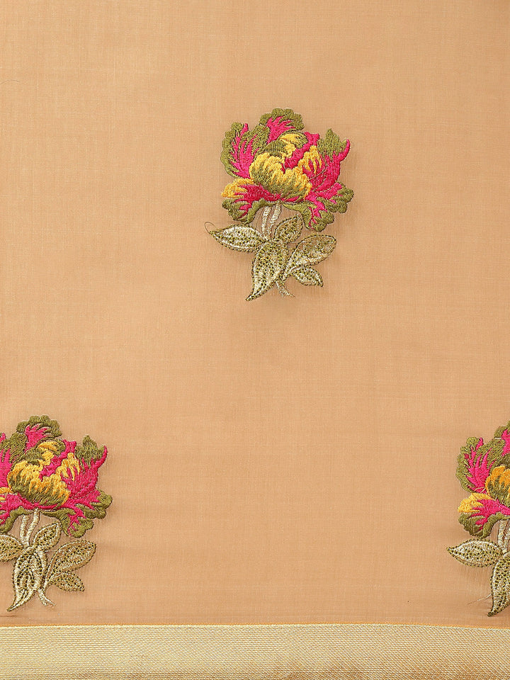 Beige Floral Resham Thread Embroidery Cotton Tussar Saree