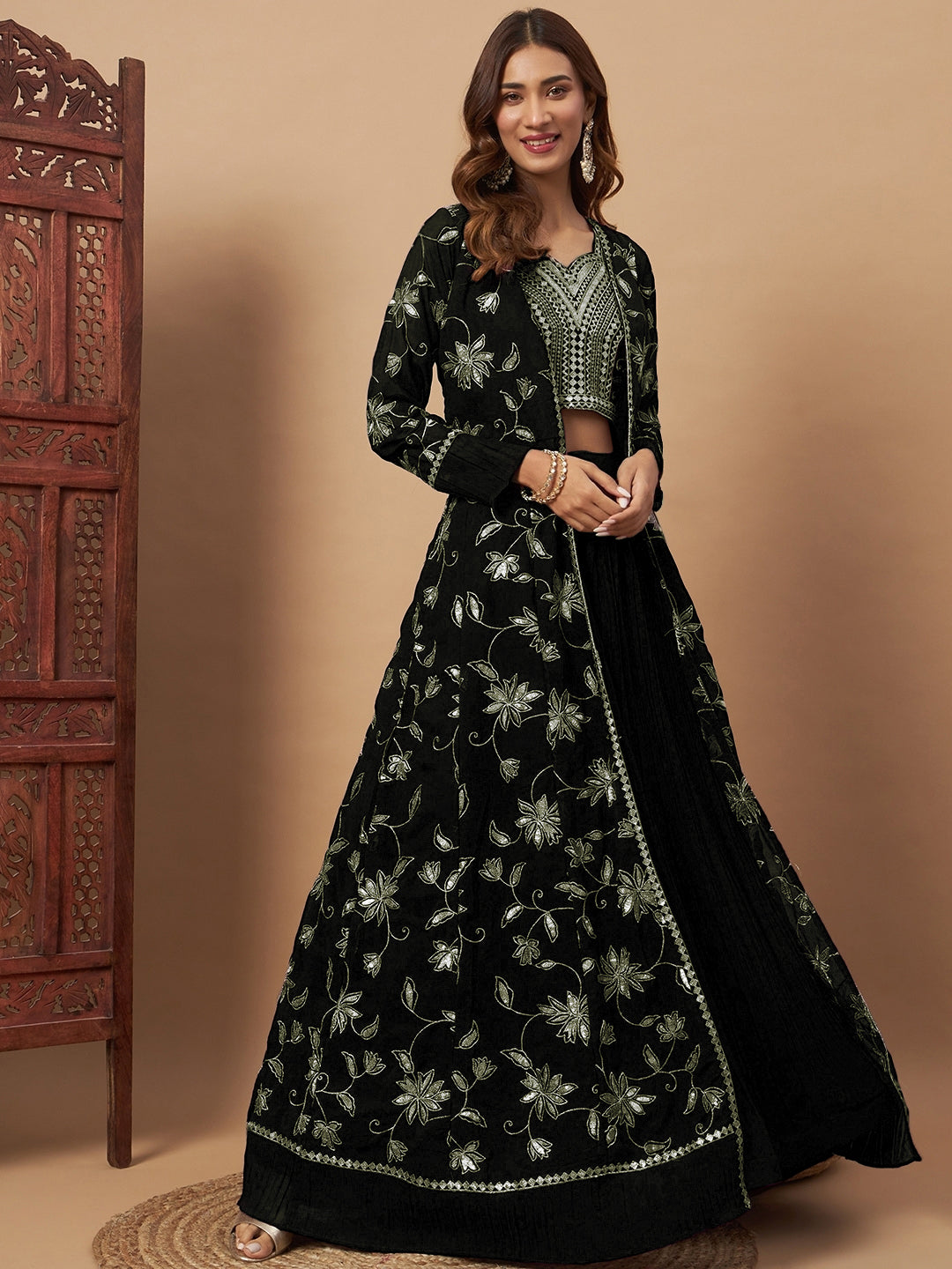 Chhabra 555 Georgette Indo-western Set with Sequin Embroidered Floor length Jacket & Pleated Skirt