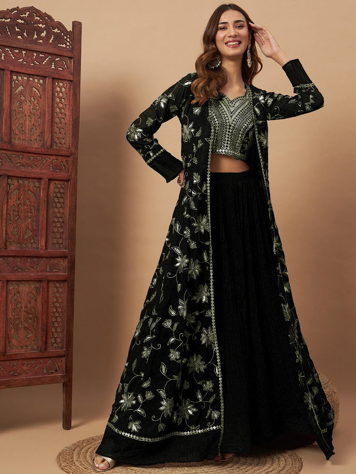 Chhabra 555 Georgette Indo-western Set with Sequin Embroidered Floor length Jacket & Pleated Skirt