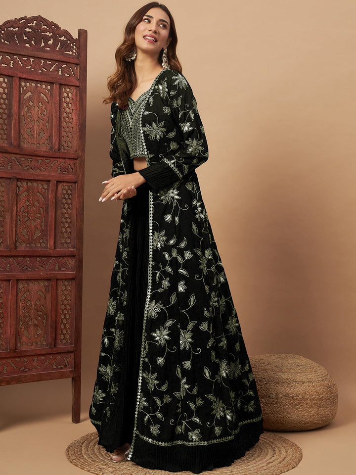 Chhabra 555 Georgette Indo-western Set with Sequin Embroidered Floor length Jacket & Pleated Skirt
