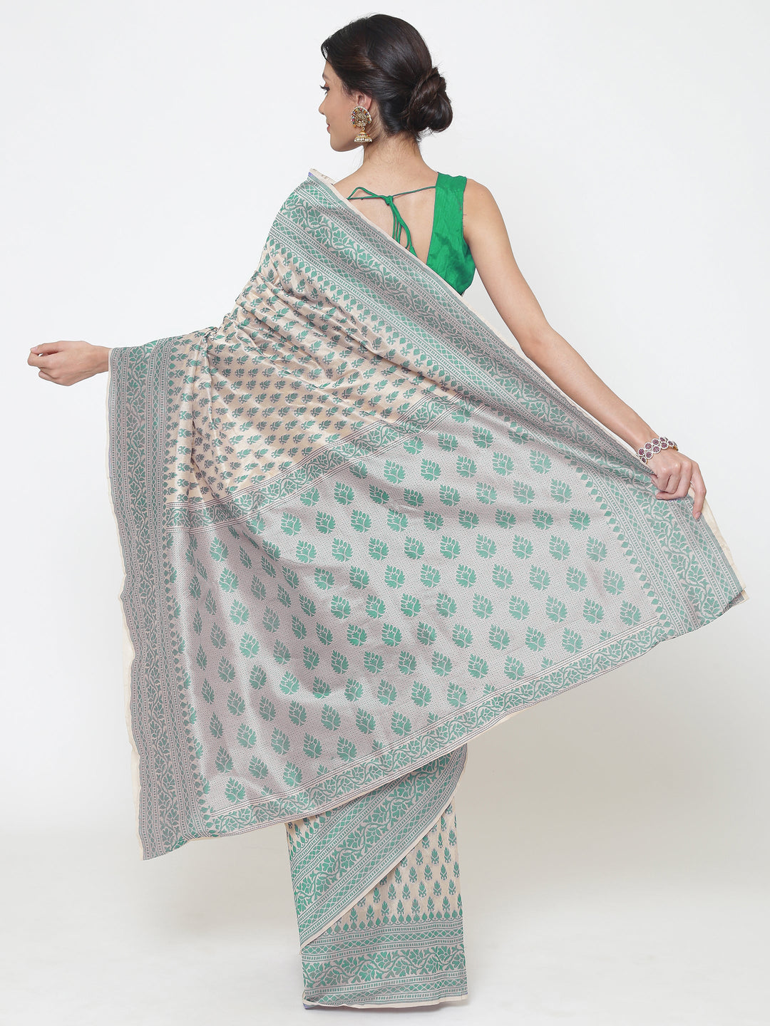 Cream Turquoise Cotton Silk saree with handloom weaving floral patterns