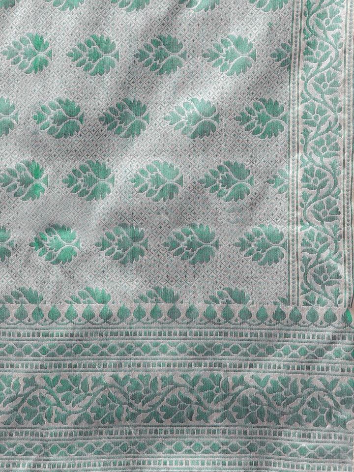Cream Turquoise Cotton Silk saree with handloom weaving floral patterns