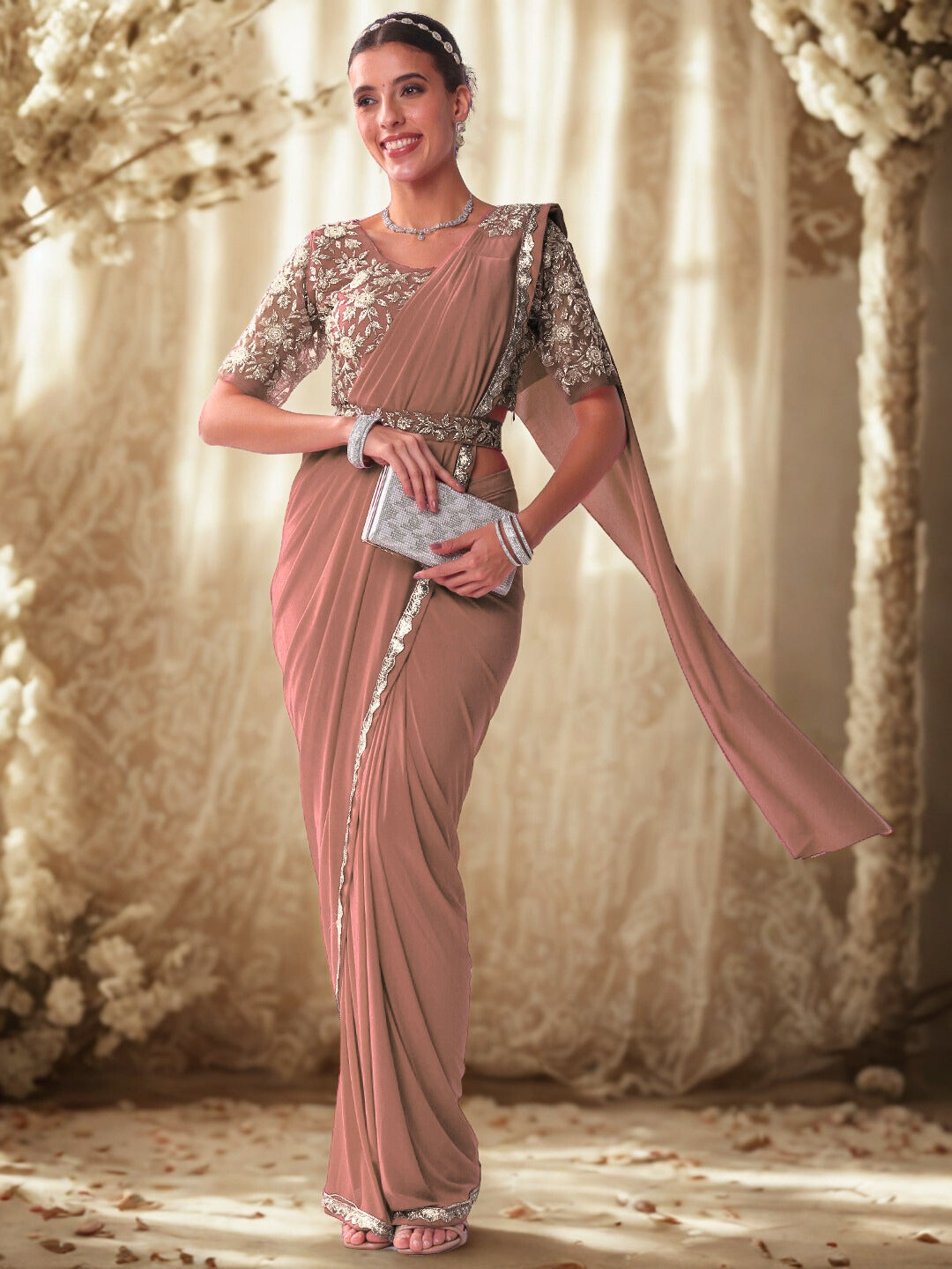 Chhabra 555 Pre-stitched Draped Saree with Aari Embroidered Blouse, Scalloped Lace Border and Belt