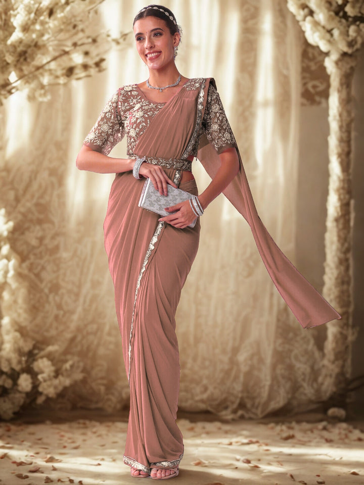 Chhabra 555 Pre-stitched Draped Saree with Aari Embroidered Blouse, Scalloped Lace Border and Belt