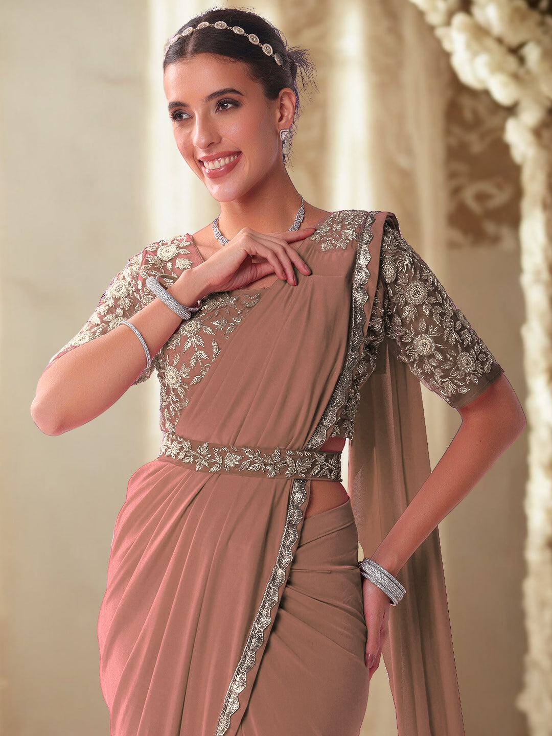 Pre-stitched Draped Saree with Aari Embroidered Blouse, Scalloped Lace Border and Belt