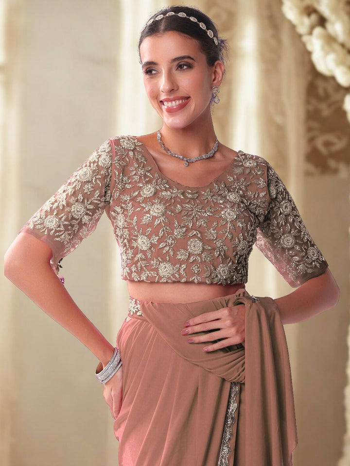 Pre-stitched Draped Saree with Aari Embroidered Blouse, Scalloped Lace Border and Belt