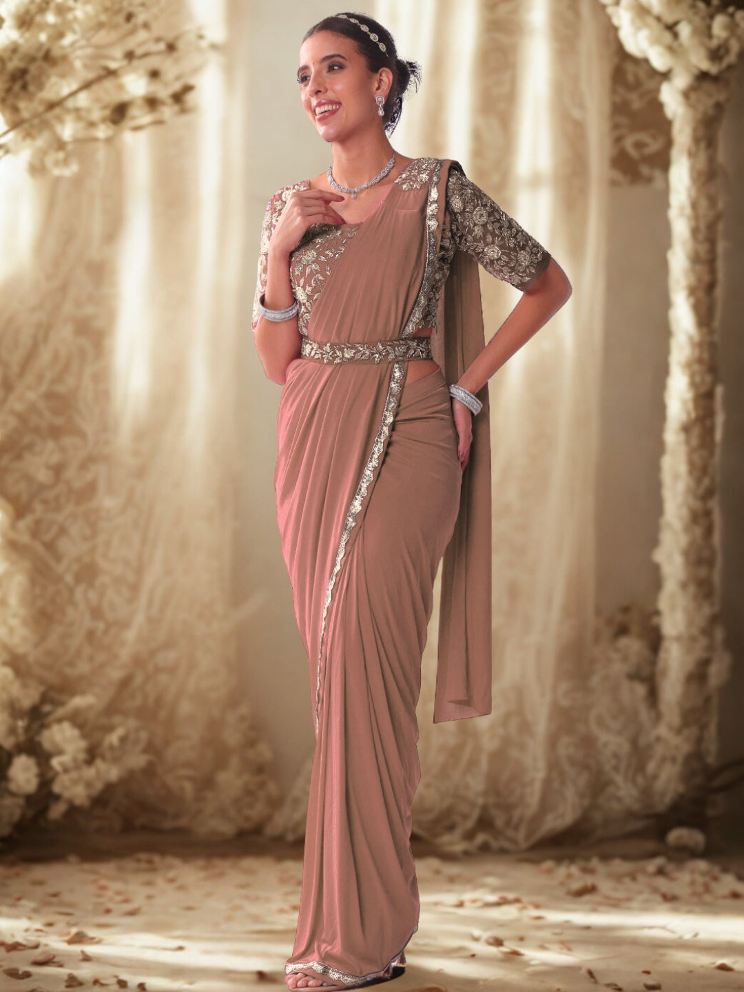 Pre-stitched Draped Saree with Aari Embroidered Blouse, Scalloped Lace Border and Belt