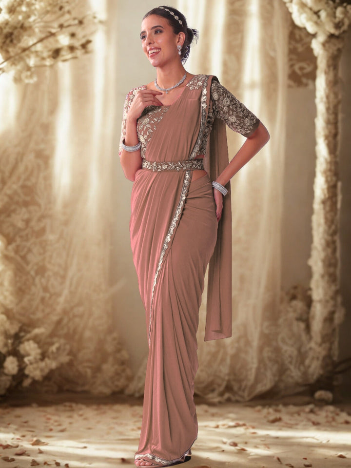 Pre-stitched Draped Saree with Aari Embroidered Blouse, Scalloped Lace Border and Belt