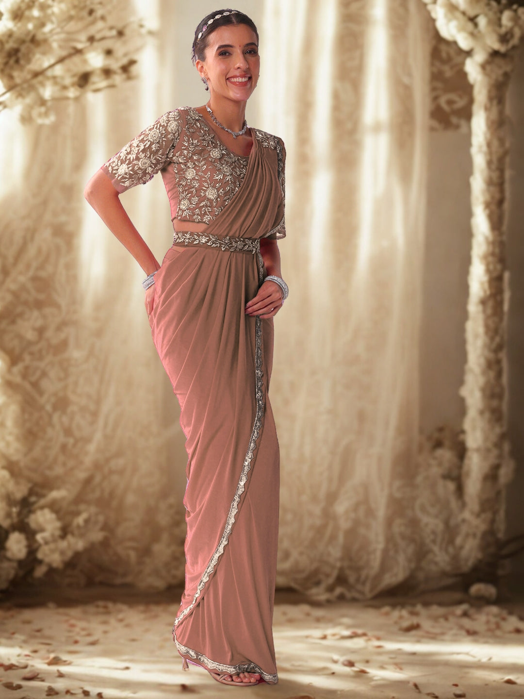Pre-stitched Draped Saree with Aari Embroidered Blouse, Scalloped Lace Border and Belt