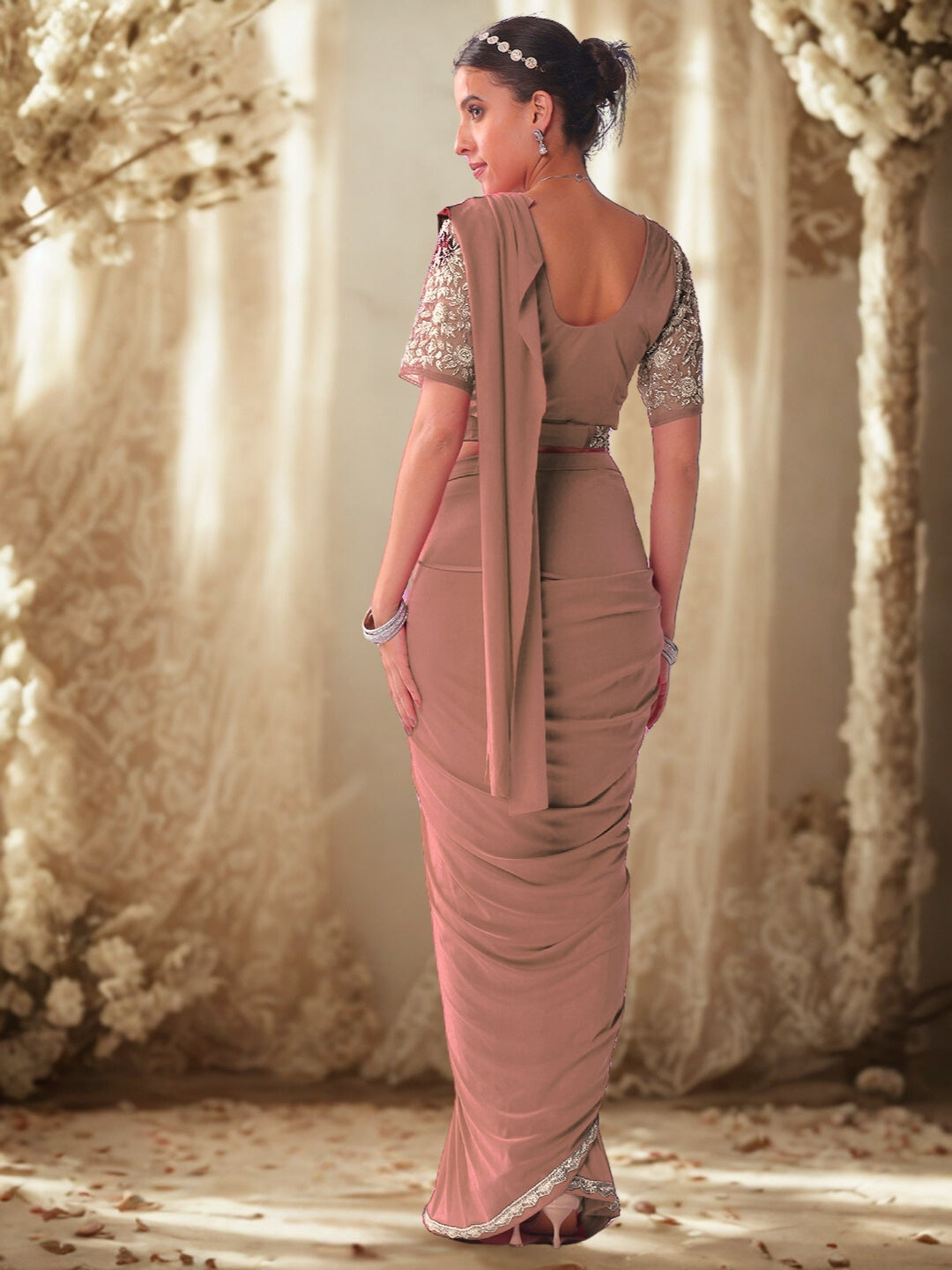 Pre-stitched Draped Saree with Aari Embroidered Blouse, Scalloped Lace Border and Belt