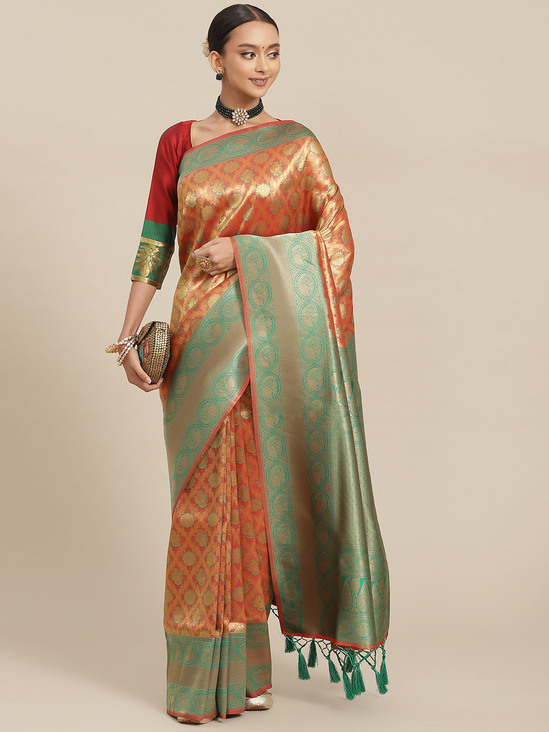 Red & Green Gold Zari Embellished Peacock Motifs Banarasi Silk Saree