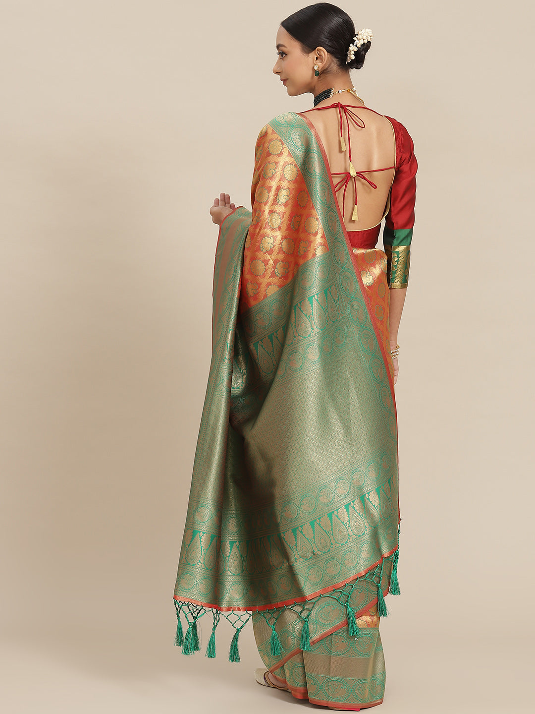Red & Green Gold Zari Embellished Peacock Motifs Banarasi Silk Saree